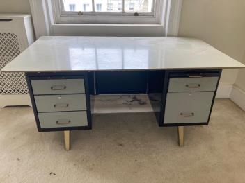 A mid century French industrial style enamelled metal kneehole desk, width 160cm, depth 90cm, height 78cm
